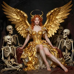 a beautiful fallen angel, full of flamboyant costumes, 6 golden wings, in hell, surrounded by skeletons, art nouveau. rococo style, flamboyant colors