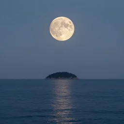 full moon over a still ocean with a floating island in the far distance, 3 3 mm