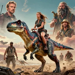 hyper realistic photo of prehistoric milla jovovich riding on a raptor, full body, rule of thirds, conceptart, saturated colors, cinematic, greg rutkowski, brom, james gurney, mignola, craig mullins, artstation, cgsociety