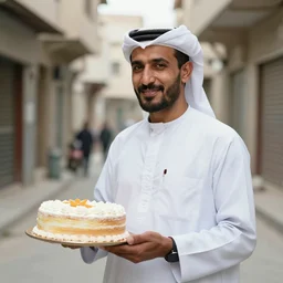 portrait in a side street of a yemen kurd man holding a cake wearing a birthday hat, photography, vintage photo, faded colors, 7 0 s, new york, photography