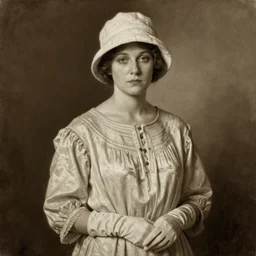 a portrait photo painting of a 1 9 2 0 s woman with a serious expression, wearing a modest light coloured bohemian style silk crepe dress with a bucket cloche hat, long cotton gloves, atmospheric lighting, painted, sepia, intricate, ultra detailed by leesha hannigan, thierry doizon, kai carpenter, well composed, best on artstation, cgsociety, epic, stunning, gorgeous, intricate detail, wow, masterpiece