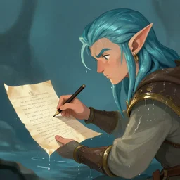 a sea elf trying to get an commander, dripping with water, to sign a piece of parchment fantasy drawing