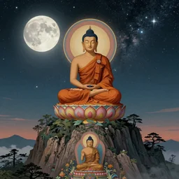 concept art of a monk on top of a mountain, alex gray, psychedelic, 1 9 6 0 s, illustration, full moon, milky way, buddhism, intricate details, elegant, high definition, cinematic