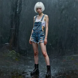 full body pose, mixed media painting of a grungy woman with buzzed white hair, soft eyes and narrow chin, dainty figure, torn overalls, short shorts, combat boots, side boob, wet tshirt, wet, raining portrait, extremely hyper - detailed, intricate, epic composition, very detailed, masterpiece, stunning,