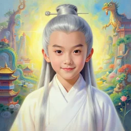 portrait painting of a 6 0 year old kind handsome taoist priest, big eyes, deep silhouette ， silver ponytail hair, amiable by yangjun chen, huang guangjian, fenghua zhong, wenjun lin, nadar, bright colors, octopath traveler, unreal engine 5 highly rendered, global illumination, radiant light, detailed and intricate environment