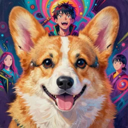 beautiful anime painting of cyberpunk psychedelic corgi god, by noah bradley, patrick woodroffe, posuka demizu, qing han, trending on artstation, 8 k, masterpiece, graffiti paint, fine detail, full of color, intricate detail, golden ratio illustration, face enhance
