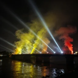 a bridge over a river in vietnam, by completely dark black night, yellow and red smoke, white projectors, lens flare, black night, lighting and composition, dark, chiaroscuro, highly detailed concept art, radiant light, intricate, war, destruction, sharp focus