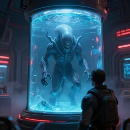 closeup macro over the shoulder shot a mass effect soldier standing near a cthulhu lovecraft alien monster trapped inside a large transparent bioshock science fiction glass containment chamber filled with blue liquid in a furnished mass effect science fiction spaceship laboratory, dramatic lighting, octane, red led lights, lens flare, trending on artstation, mist, mass effect, volumetric lighting