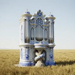 a detailed modeling of an isolated lonely large porcelain pipe organ in the middle of a field, intertwined with a lone stone pillar, trending on artstation, render, 3 d, octane, 4 k, 8 k, unreal engine, cinema 4 d, baroque, art deco,