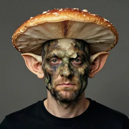 portrait face head eyes man fungal ears Mushroom Cretin the Hermit camouflaged as a toadstool wearing a black shirt mark ryden greg rutkowski andrew wyeth giorgio de chirico