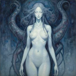 painting of Cthulu depicted as a woman, by Ryohei Fuke, Huke, personification, featured on pixiv, dystopian, rayonism, cold hue's