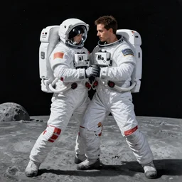 A hyper real comic book style portait painting of two astronauts dancing Salsa on the moon, unreal 5, hyperrealistic, octane render, cosplay, RPG portrait, dynamic lighting