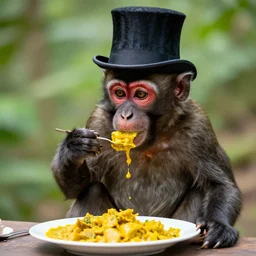 a monkey with a top hat eating curry