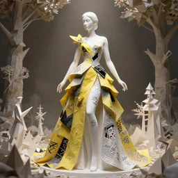 sculpture of a beautiful young female super model resembling manila luzon made out of white ceramic and diamond wearing a yellow and black tissue paper and onyx geometric gown by marc jacobs, paper graffiti, trees made out of origami, ethereal, fantasy, lawrence alma tadema, james jean, oozium, peter morbacher, angelarium, alchemy, luxury, heavenly light, soft illumination, cinematic lighting, very detailed, 3 d octane render, artgerm, trending on artstation, cgi society