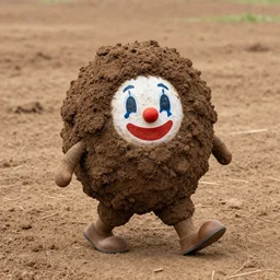 a walking clump of dirt with a clown face