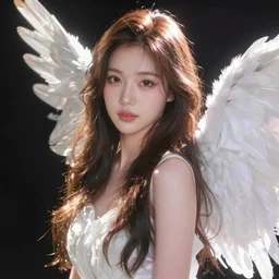 beautiful female angel, Korean, asymmetrical face, ethereal volumetric light, sharp focus