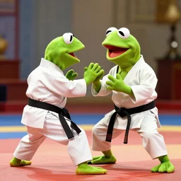 Kermit the Frog learning karate.
