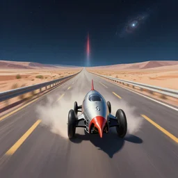 rocket car driving on the lost highway route 6 6 to outer space. linear perspective. vanishing point. super highway. high speed. digital painting. digital render. beeple. noah bradley. cyril roland. ross tran. trending on artstation.