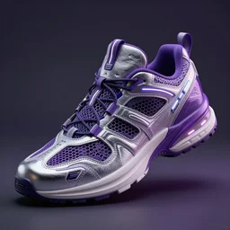 realistic 3 d render of a futuristic sneaker, beautiful studio lighting, soft, sharp focus, neon glowing lines, intricate detail, purple and silver leather, soft white rubber, shiny plastic, black hexagon mesh, black filigree, octane render, side view, close up, trending on artstation, deviantart, nike, reebok, salomon