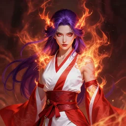 portrait of the goddess of fire and thunder, robes, red and white, beautiful, violet hair, glowing eyes, stunning, high fantasy, highly detailed, smooth, sharp focus, digital illustration, by rossdraws, frank fanzzeta, sakimichan