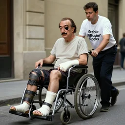 Salvador Dali in a wheelchair with a broken leg, his arm in a cast and a black eye being pushed by an orderly who is wearing a T-Shit that says Stable Diffusion Rocks, Photorealistic