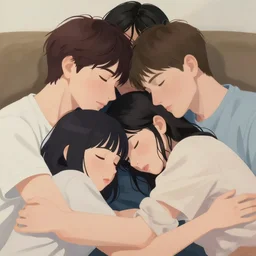 painting of three young people cuddling in the sofa, romantic, polyamory, highly detailed, close - up, smooth, stylized, vector line art, clean cel shaded vector art, by lois van baarle, ross tron, artgerm, helen huang, makoto shinkai, ilya kuvshinov, rossdraws