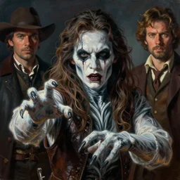 realistic portrait beautiful painting from scene in the good, the bad and the ugly movie, when human turned into ghost rider. horror, created by thomas kinkade and gustave courbet.