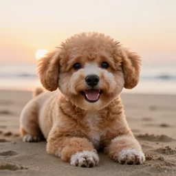 a closeup photorealistic photograph of a cute smiling tiger bichon pup laying out at the beach during sunset. professional capture, well lit shot. this 4 k hd image is trending on artstation, featured on behance, well - rendered, extra crisp, features intricate detail, epic composition and the style of unreal engine.