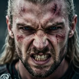 A very close up of a viking with scars on the face, rage
