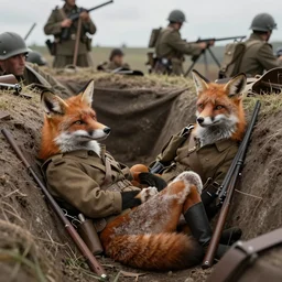anthropomorpic Fox soldiers in a trench relaxing between battles in the style of WW1 photos in color detailed realistic High Resolution HD 8k