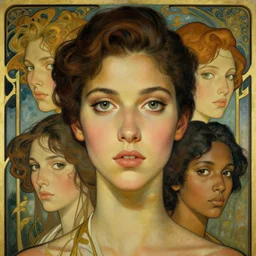 an art nouveau, ( streamline moderne ), multi - ethnic and multi - racial portrait in the style of charlie bowater, and in the style of donato giancola and in the style of charles dulac. very large, clear, expressive and intelligent eyes. symmetrical, centered, ultrasharp focus, cinematic lighting, photorealistic digital painting, intricate detailed background.