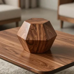 octahedron of polished wood sitting on a coffee table, 4K studio photo