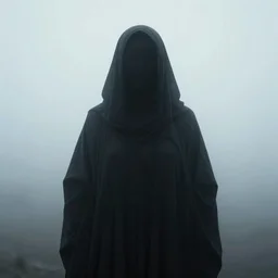 portrait of a faceless undead cloaked in black, mist instead of face, ethereal