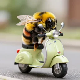 bumble bee riding a tiny vespa scooter