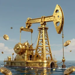 golden steampunk oilrig in the sea, coins flying, intricate, very very beautiful, elegant, highly detailed, digital painting, artstation, concept art, smooth, sharp focus, illustration, WLOP