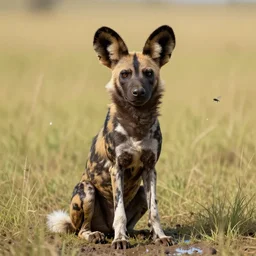 an african wild dog sitting up!, on the african plains, friendly, flies, muddy, textured, long grass, sparkling water, glistening, hyper realistic, hyper detailed, digital art, trending in artstation, cinematic lighting, studio quality, smooth render, unreal engine 5 rendered, octane rendered, by paul lehr