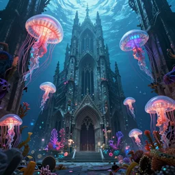 high quality photo of cinematic underwater dystopian neo - gothic cathedral ruins with giant luminescent colorful aquatic plants and jellyfish, digital art masterpiece, aykut aydogdu eric zener, dramatic volumetric light, extreme long shot, ground angle uhd 8 k, sharp focus