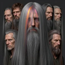 anthropomorphic highly detailed group portrait of hairy old neon hair hidden under hair, with long grey straight haircut in face, hairs hiding face, intricate, elegant, highly detailed, digital painting, artstation, concept art, smooth, sharp focus, illustration, art by artgerm, bob eggleton, michael whelan, stephen hickman, richard corben, wayne barlowe, trending on artstation and greg rutkowski and alphonse mucha, 8 k