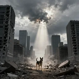 god rays illuminating a dog in a destroyed modern city, nuclear explosion in background, award winning, cloudy sky, pictorialism, low saturation!, skyscraper, nuclear fallout