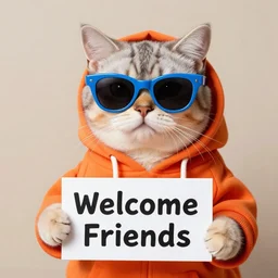 A portrait photo of a cat wearing an orange hoodie and blue sunglasses holding a sign on his hand that says Welcome Friends on his hand, subject: cat, subject detail: wearing orange hoodie, wearing blue sunglasses, subject action: holding sign