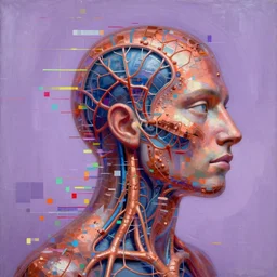 a beautiful glitched architectural study painting by peter vahlefeld of a glitched human nervous system by robert proch, color bleeding, pixel sorting, copper oxide material, brushstrokes by jeremy mann, studio lighting, pastel purple background, square glitches