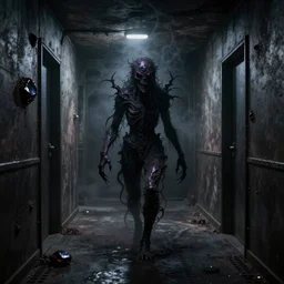 a cosmic horror entity made of shadow inside an empty hallway, dark eerie photograph, wispy darkness, decaying dark gemstone colors, dark metal colors