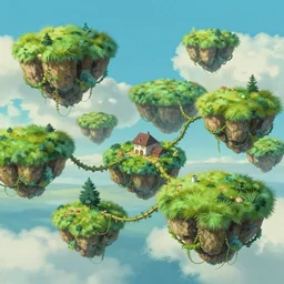 beautiful floating grassy islands high in the sky, connected by vines, studio ghibli, dungeons and dragons, digital art, 4 k ultra hd