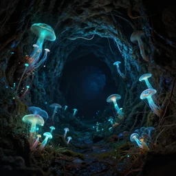 cave filled with bioluminescent messrooms, mysterious, magical, fairy tale