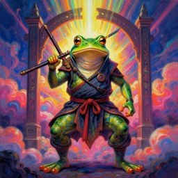 [ style ] [ oil painting ] [ palate ] [ vibrant gothic colors ] 👾 👽 anthropomorphic frog warrior ninja 🥷, vibrant neon nebulous clouds, radiant light rays, photorealistic painting, intricate and fine details, volumetric lighting, artstation, god figure at the gate
