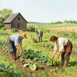 simple amish farmers tending to their cottage vegetable gardens, art by anders zorn, wonderful masterpiece by greg rutkowski, beautiful cinematic light, american romanticism thomas lawrence, greg rutkowski