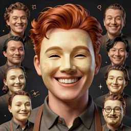 a portrait of the happy mask salesman, grinning, ginger hair, handsome, art by lois van baarle and loish and ross tran and rossdraws and sam yang and samdoesarts and artgerm and saruei and wlop!!!!, digital art, highly detailed, intricate, sharp focus, trending on artstation hq, deviantart, unreal engine 5, 4 k uhd image