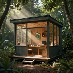 mies van der rohe, tiny house, garden office, realism, octane render, 8 k, exploration, cinematic, trending on artstation, realistic, hyper detailed photo - realistic maximum detail, volumetric light moody cinematic epic concept art, realistic matte painting, shafts of lighting, hyper photorealistic, concept art, volumetric light, cinematic epic, octane render, 8 k, corona render, movie concept art, cinematic composition, ultra - detailed,