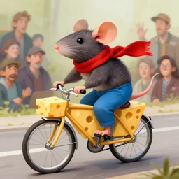 digital painting of a cartoonish rat wearing red scarf and blue pants, it's riding a bike, the bike is made of swiss cheese, fine details by stanley artgerm lau, wlop, rossdraws, james jean, andrei riabovitchev, marc simonetti, and sakimichan, trending on artstation