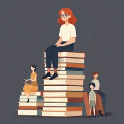 a young woman with red hair and glasses sits on top of a tall pile of books. clean cel shaded vector art. shutterstock. behance hd by lois van baarle, artgerm, helen huang, by makoto shinkai and ilya kuvshinov, rossdraws, illustration, art by ilya kuvshinov